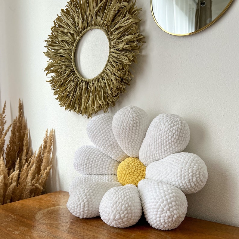 a crochet pattern for a large daisy pillow fits the boho bedroom of a room not only for a child, the amigurumi method spring flower motif image 5