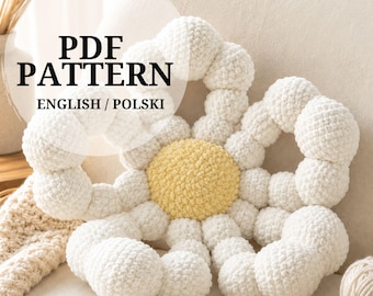 Patrón de cojín de ganchillo con margaritas, cojín de flores de peluche en PDF, decoración del hogar con hilo grueso