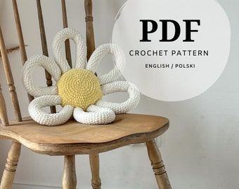 crochet pattern for an abstract flower in daisy colors, easy instructions with helpful video, pdf file with photos, description
