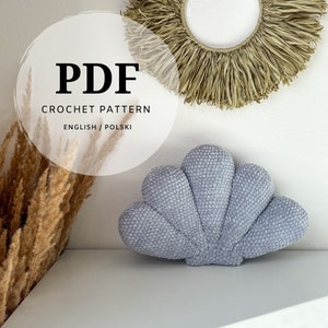 crochet pattern for a shell-shaped pillow, fashionable room decoration, seaside atmosphere, for a girl and a boy, simple instructions