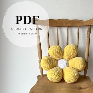 crochet pattern, tutorial on how to make a flower-shaped pillow, a beautiful spring decoration that fits every home, animated room