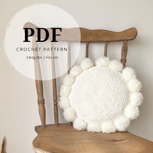 pdf crochet pattern for a round pillow with pompoms, easy to make, no sewing, minimalist hit, great gift idea