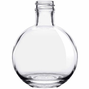 May include: A clear, round glass bottle with a short neck and a wide, spherical body. The bottle has a smooth, transparent surface, and the opening is threaded. The design is simple and elegant, suitable for various uses.