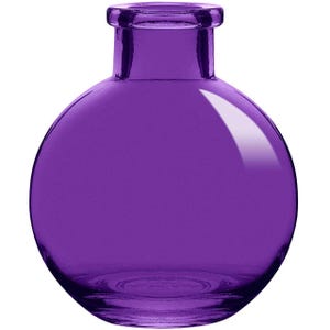 May include: A round, purple glass vase with a narrow neck. The vase has a smooth, glossy surface and is empty. The color is a deep, rich shade of purple, and the glass appears to be transparent. The vase is designed for decorative purposes.