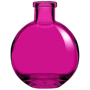 May include: A vibrant fuchsia-colored glass bottle with a rounded body and a cylindrical neck. The bottle has a smooth, glossy finish, reflecting light. The design is simple and elegant, suitable for decorative purposes.