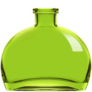 May include: A green glass bottle with a rounded body and a short, rectangular neck. The bottle has a smooth, glossy surface and is filled with a vibrant, lime-green color. The bottle is empty and appears to be made of transparent glass.