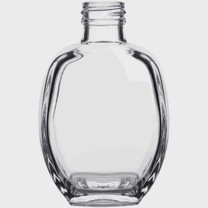 May include: A clear glass bottle with a rounded, oval-shaped body and a narrow, threaded neck. The bottle features a smooth, transparent surface with thick, curved side walls that taper toward the base and the top opening, creating a distinct silhouette.