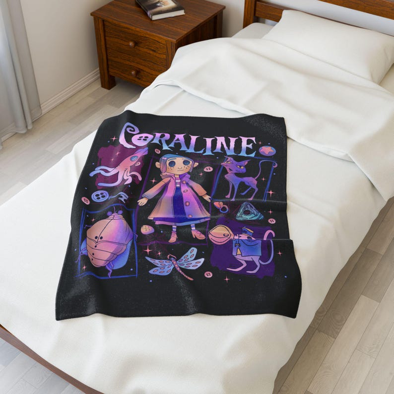 Coraline Velveteen Plush Blanket | Cozy Gift for Movie Lovers, Home Decor, Halloween, Snuggle Blanket, Unique Character Art image 4