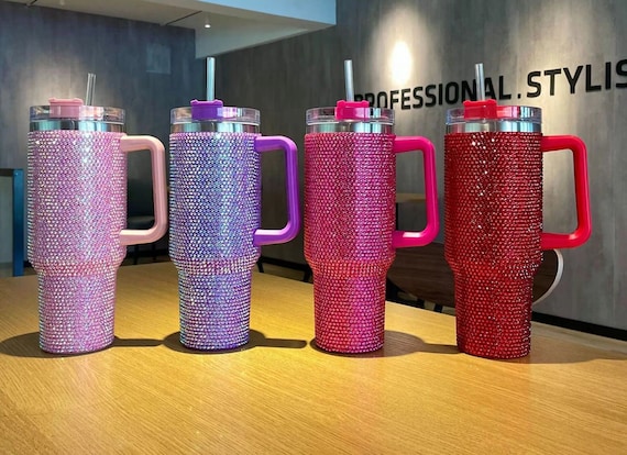 Cute Bling Rhinestone Football 40 oz Tumbler - with Lid and Straw, Bright Pink from BluChi