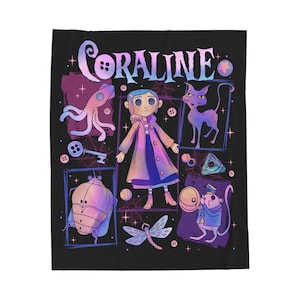 Coraline Velveteen Plush Blanket | Cozy Gift for Movie Lovers, Home Decor, Halloween, Snuggle Blanket, Unique Character Art image 1