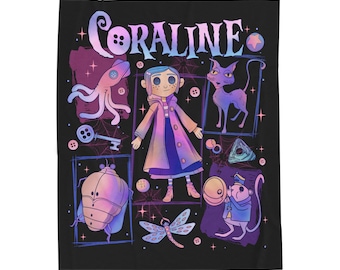 Coraline Velveteen Plush Blanket | Cozy Gift for Movie Lovers, Home Decor, Halloween, Snuggle Blanket, Unique Character Art