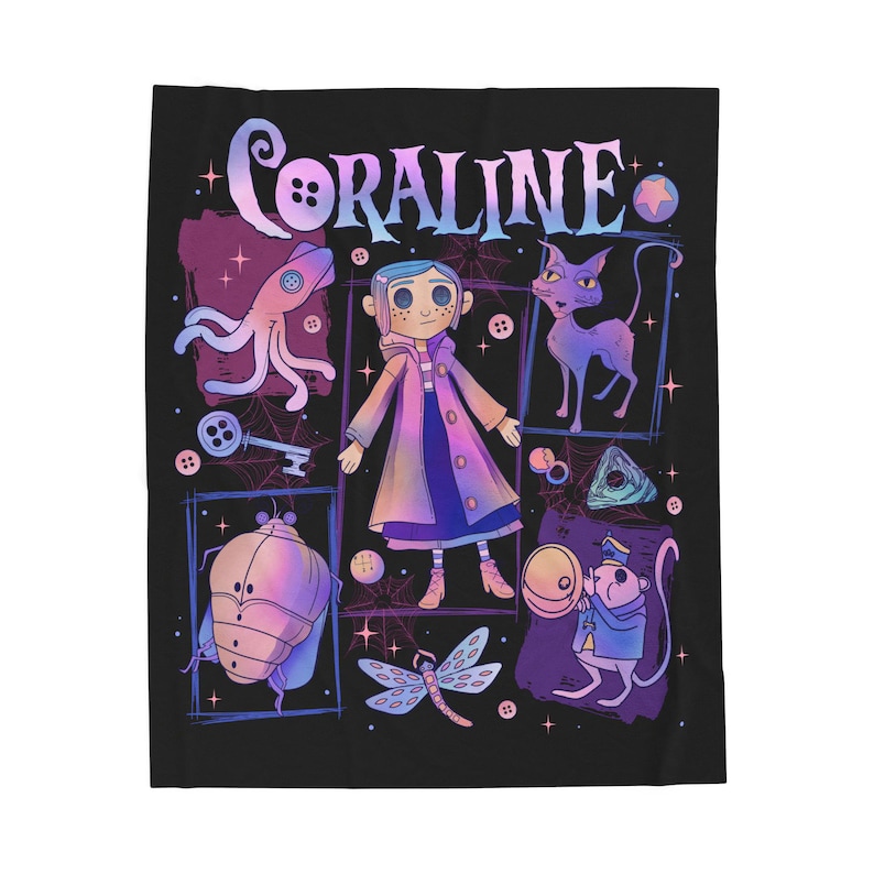 Coraline Velveteen Plush Blanket | Cozy Gift for Movie Lovers, Home Decor, Halloween, Snuggle Blanket, Unique Character Art image 1