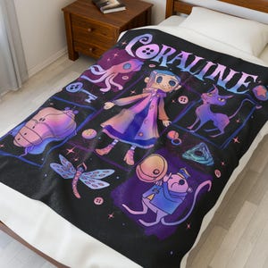 Coraline Velveteen Plush Blanket | Cozy Gift for Movie Lovers, Home Decor, Halloween, Snuggle Blanket, Unique Character Art image 2