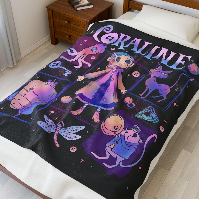 Coraline Velveteen Plush Blanket | Cozy Gift for Movie Lovers, Home Decor, Halloween, Snuggle Blanket, Unique Character Art image 2