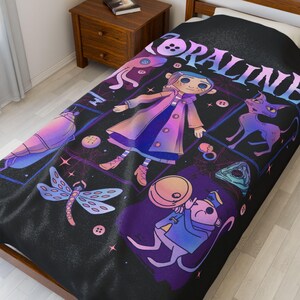 Coraline Velveteen Plush Blanket | Cozy Gift for Movie Lovers, Home Decor, Halloween, Snuggle Blanket, Unique Character Art image 3