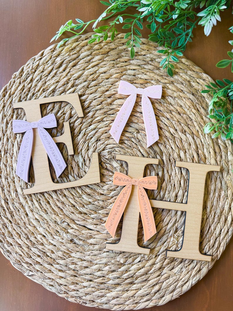 Floral Bow Monogram Letter | Wooden Initial Decor | Nursery Name Sign ...