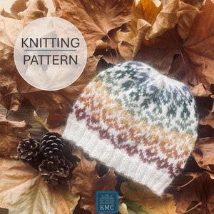 Puede incluir: Patrón de tejido para un gorro blanco con un diseño Fair Isle colorido. El gorro tiene un patrón verde, azul, amarillo, naranja y rojo. El gorro está rodeado de hojas de otoño.