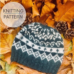 Knitted Fair Isle Beanie Hat Pattern, Classic Nordic Fair Isle Design - PDF Knitting Pattern