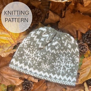 Knitted Snowfall Beanie Hat Pattern - Classic Nordic Fair Isle Design - PDF Knitting Pattern