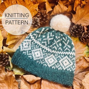 Knitted Nordic Style Beanie Hat Pattern, Classic Nordic Fair Isle Design - PDF Knitting Pattern