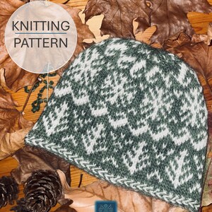 May include: Knitting pattern for a green and white patterned hat. The hat is lying on a wooden surface with fall leaves and pine cones.
