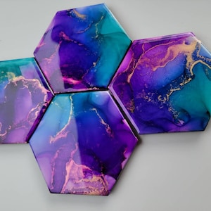Teal, purple and brass coasters