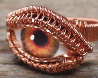 Bague mauvais œil globe oculaire en verre : fil de cuivre emballé à la main, bijoux fantasmagoriques de sorcière