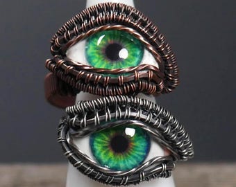 Bague globe oculaire en verre : bijoux « mauvais œil » emballés dans du fil métallique, gothique alt cottagecore
