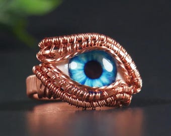 Bague globe oculaire bleu - Bague mauvais œil enroulée de fil de cuivre