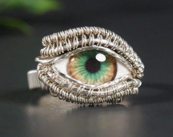 Bague globe oculaire noisette en argent sterling - Bague mauvais œil en fil métallique