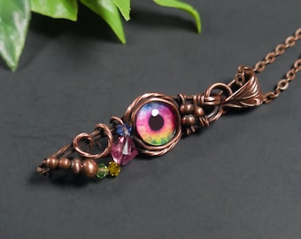 Collier mauvais œil arc-en-ciel - Pendentif fabriqué à la main en fil de cuivre