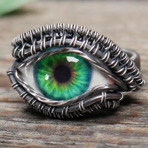 Green Eyeball Ring, Wire Wrapped Glass Eye Ring, Evil Eye Jewelry, Goth and Occult Statement Ring, Alt & Dark Academia, Size 7 Ready to Ship