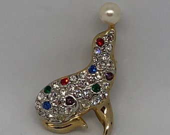 Vintage Seal Brooch Pin with Multicolored Rhinestones