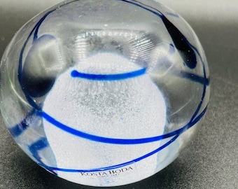 KOSTA BODA Bertil Vallien Signed Art Glass Paperweight Blue Swirl Sugared Dome