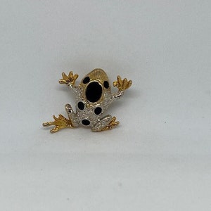 Vintage Gold and Silver Tone Frog Brooch Pin with Black Enameled Eyes and Spots