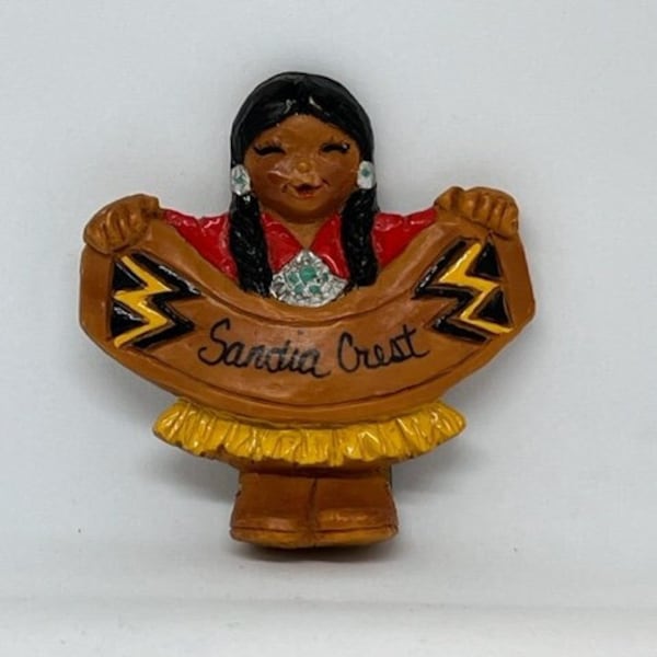 Vintage Indi Moppets and Friends Native American Girl Refrigerator Magnet Sandia Crest Signed J Reid 90