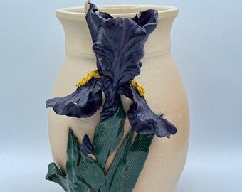 Vintage Studio Art Pottery Vase with Applied Iris Flower Signed McAvoy 2000