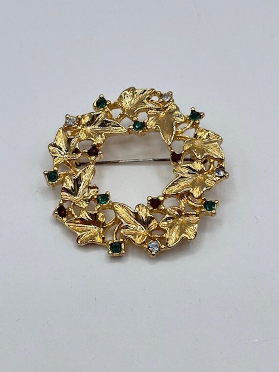 Crystal Rhinestone Wreath Brooch, Green Brooch, Vintage