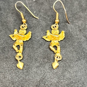 Vintage Gold Tone Angel Pierced Earrings. Flute Playing Angel Earrings. Valentines Day Earrings