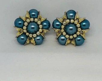 Vintage Clip On Cluster Beaded Earrings, Pinup Style Retro Earrings