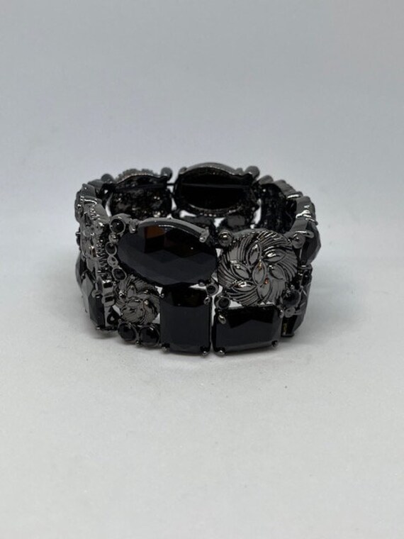 Black Stone and Silver Bead Stretch Bracelet. Bea… - image 1