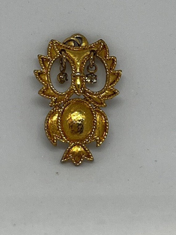 Vintage Gold Tone Owl Pendant with Dangling Rhine… - image 1