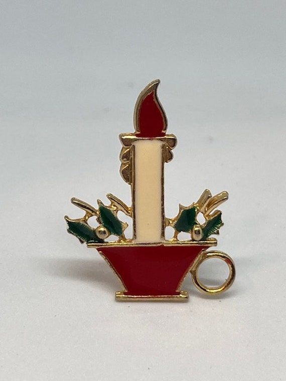 Vintage Enameled Christmas Candle Pin Brooch Marke