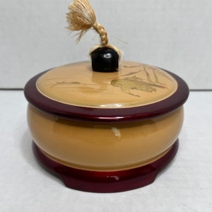 Vintage Japanese Lacquer Hand Painted Bowl w/ Lid ~ Water and Land Motif