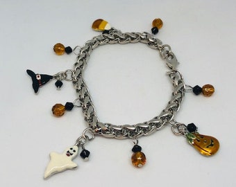 Halloween Charm Bracelet with Enameled Ghost Pumpkin Candy Corn and Witches Hat Charms