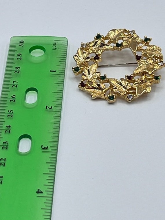 Vintage Brooch Wreath of Leaves With Green Red and Clear