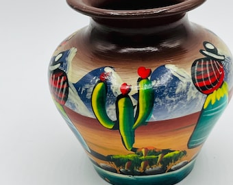 Vintage Peruvian Art Pottery Vase Hand Painted Colorful Peru Folk Art 4” X 4”