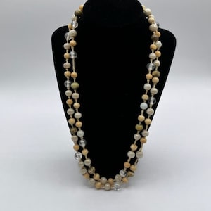 Vintage Endless 48” Round Beads hand knotted Necklace. Neutral Tones Beaded Necklace