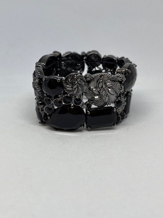 Black Stone and Silver Bead Stretch Bracelet. Bea… - image 2