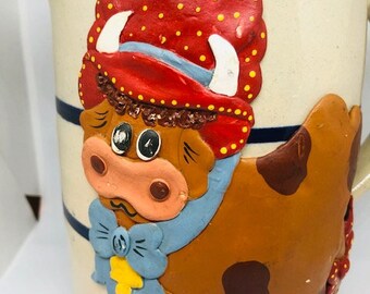 Vintage Small Folk Art Pottery Pitcher with Applied Cow/ Milk Pitcher/ Farmhouse Decor/ Cottage Decor